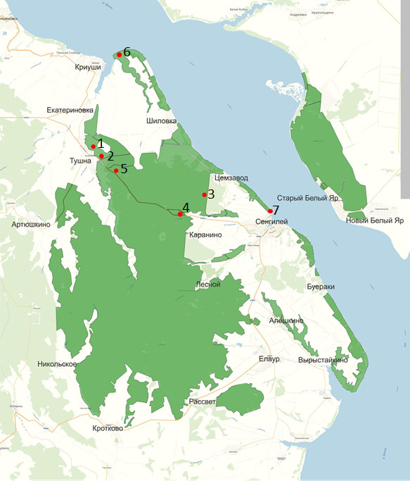 Точки полевых исследований на территории национального парка «Сенгилеевские горы» (фото Л.А. Малышевой): 1 – каменистая меловая степь к северу от с. Тушна; 2 – смешанный лес к западу от с. Тушна; 3 – лиственный лес к юго-западу от п. Цемзавод; 4 – лиственный лес к северо-западу от с. Каранино; 5 – смешанный лес к юго-востоку от с. Тушна; 6 – каменистая меловая степь к северо-востоку от с. Криуши, Арбугинская гора; 7 – опушка сосняка к северу от г. Сенгилея