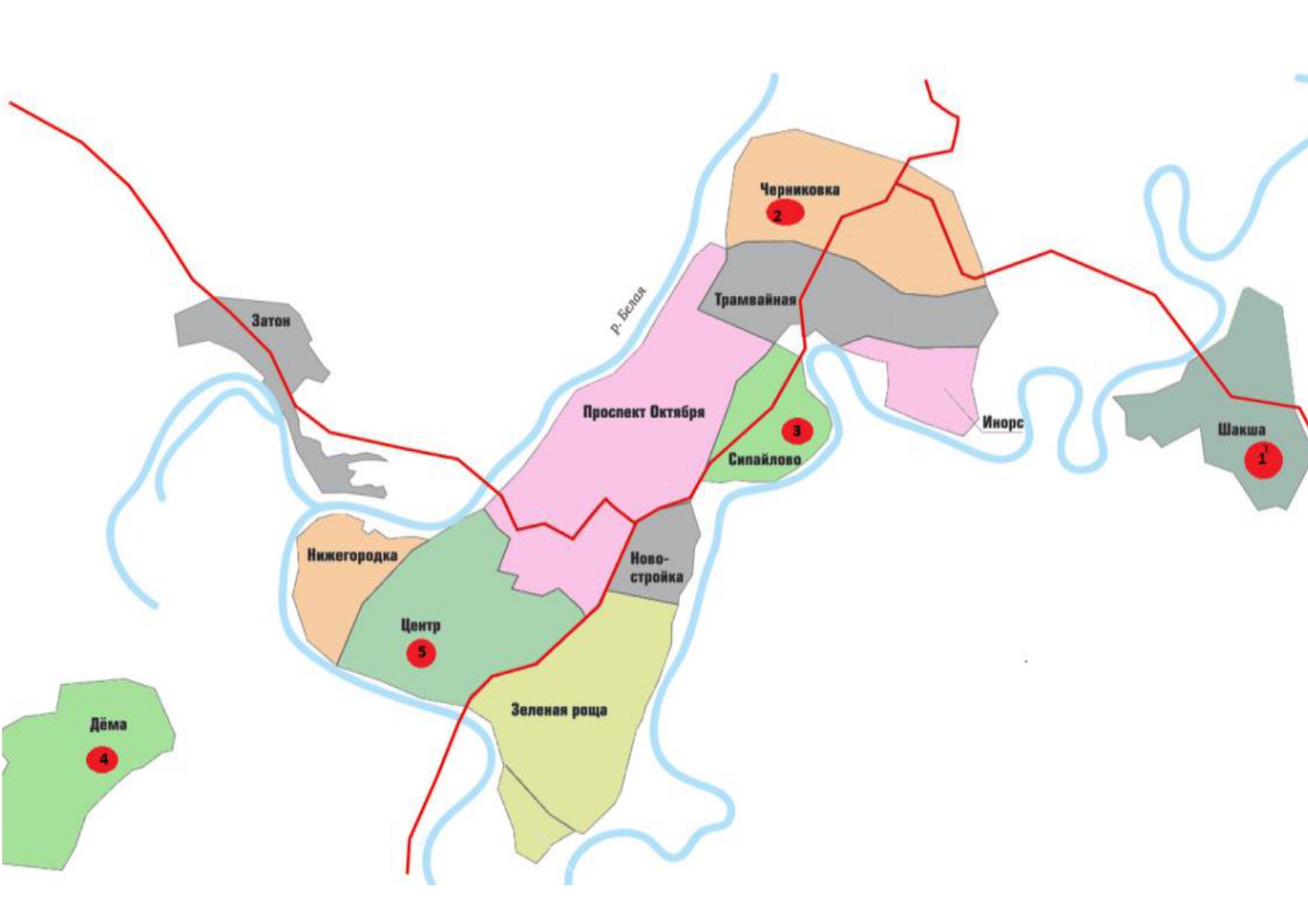 Точки отбора проб в городе Уфа. Условные обозначения: точка 1 - Шакша; точка 2 - Черниковка; точка 3 - Сипайлово; точка 4 - Дема; точка 5 - Центр