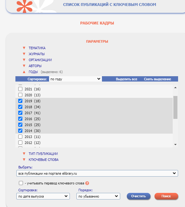 Сортировка публикаций в НЭБ по годам