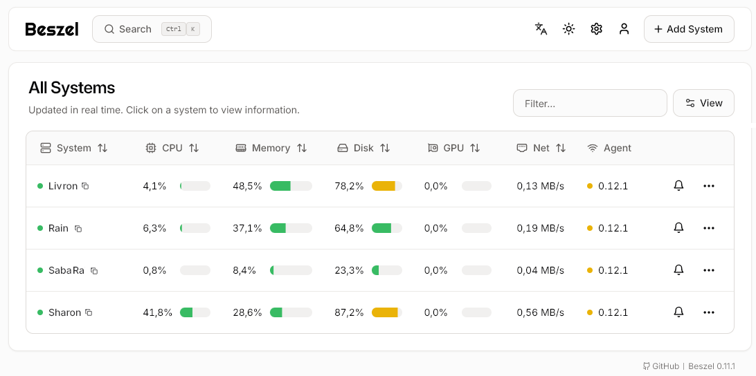 The main window of the Beszel web interface