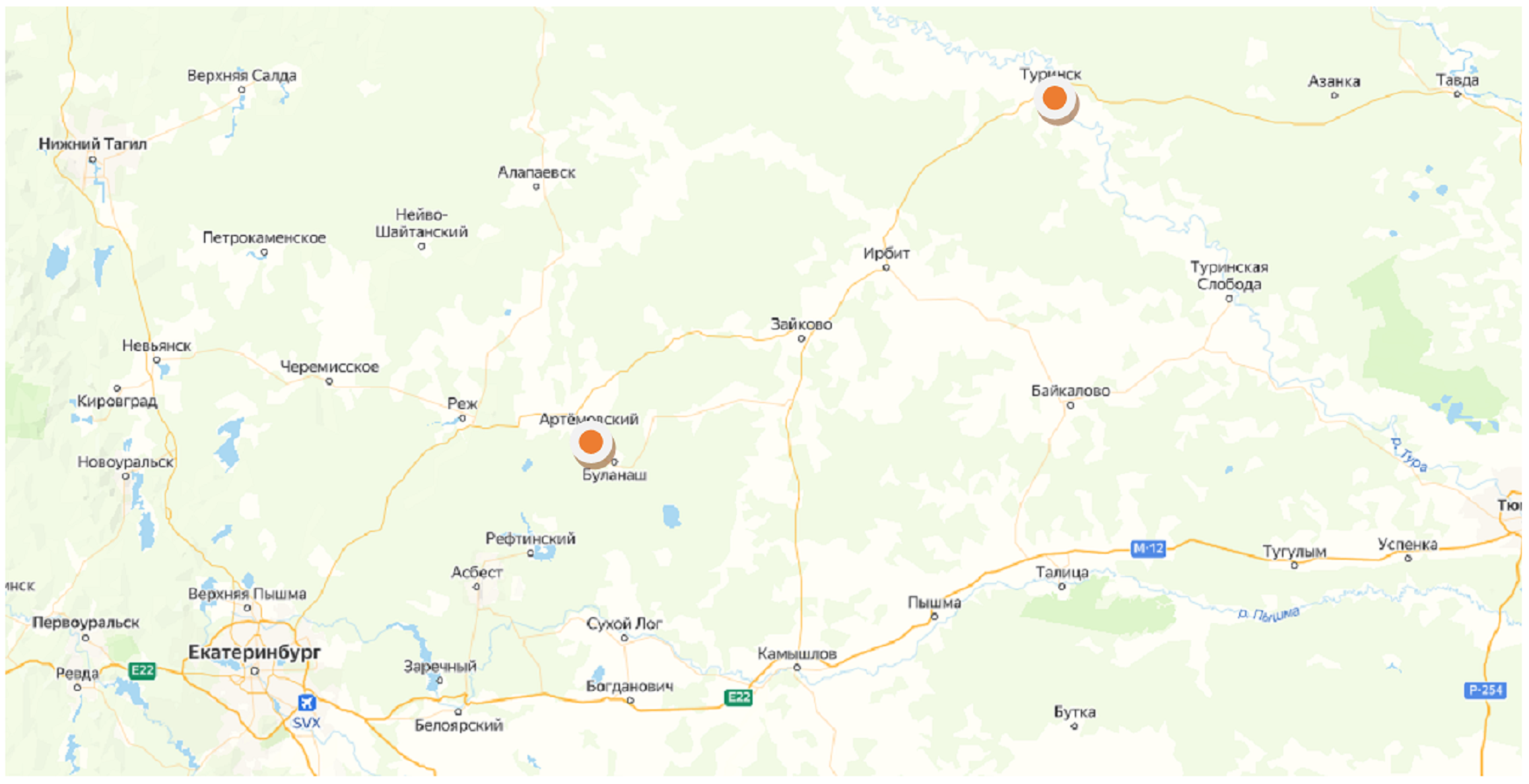 Местоположение агрометеорологических станций Туринск и Артемовский в Свердловской области