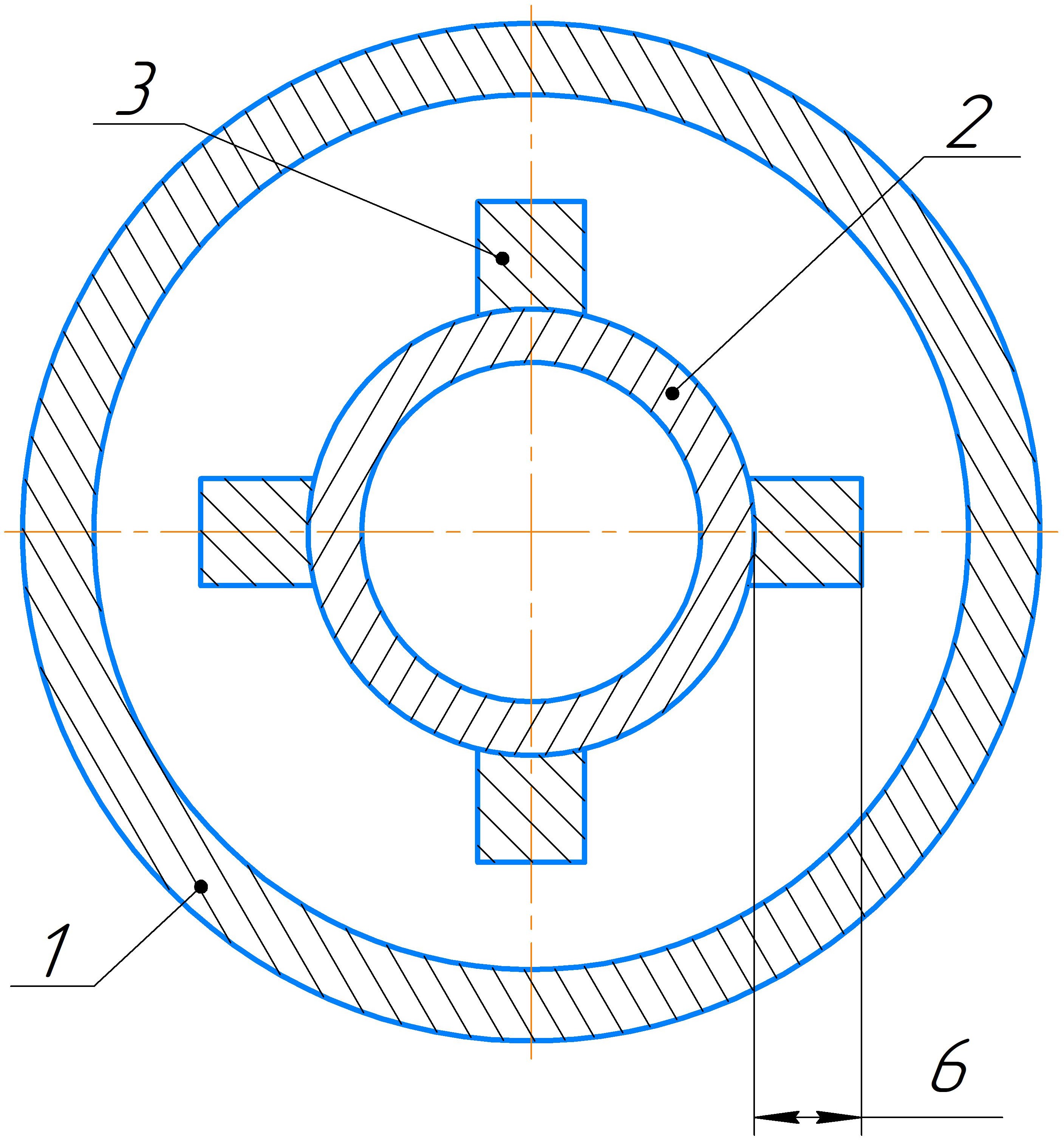 Поперечное сечение двухтрубного теплообменника с интенсификаторами теплообмена: 1 – кожуховая труба; 2 – теплообменная труба; 3 – интенсификаторы теплообмена