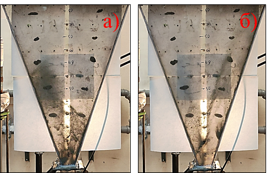 Фотографии фонтанирующего слоя опила для скоростей wo = 3,1 (а); 4,6 (б) м/с