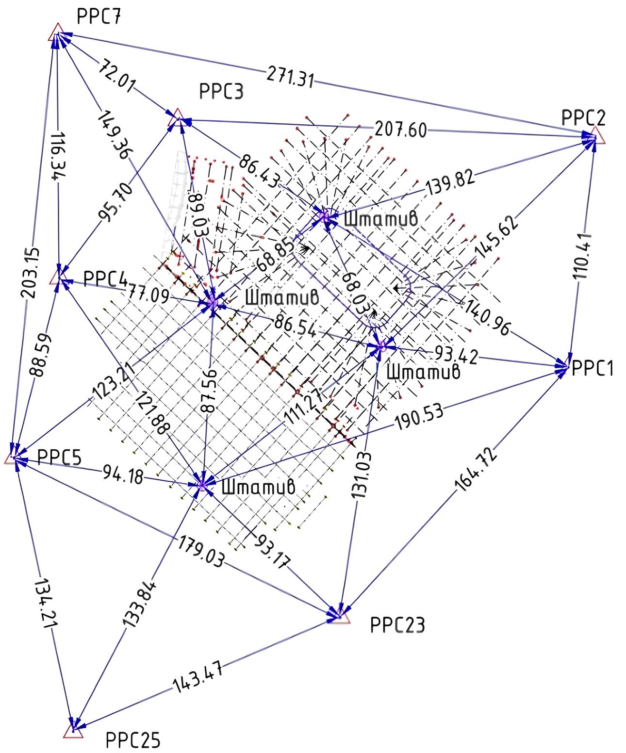 Схема геодезической разбивочной основы ледовой арены спорткомплекса «Катящиеся камни»