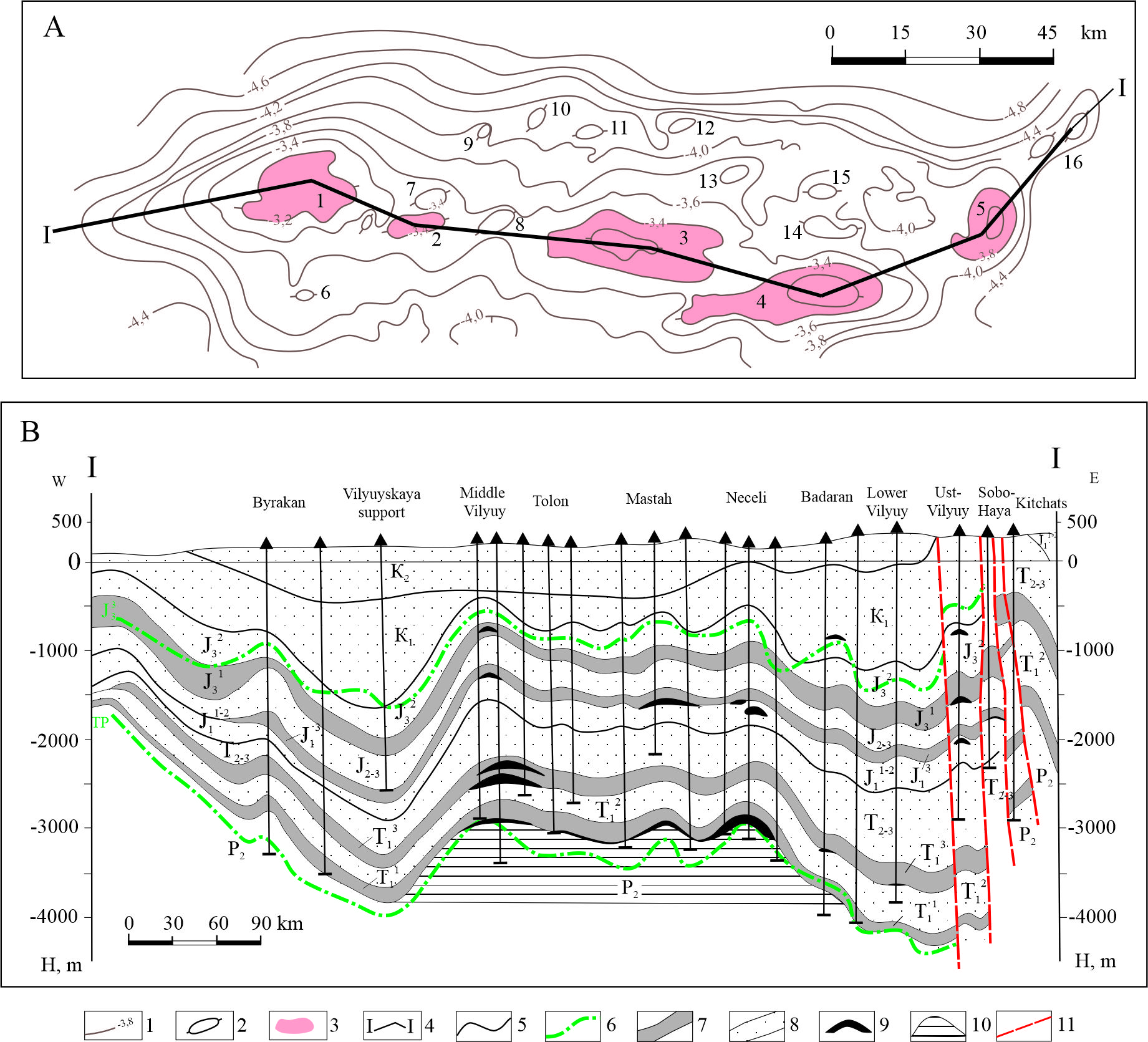 Structural map of the Khapchagay megaswell along the Triassic-Permian boundary (A) and sublatitudinal geological-geophysical section through the Khapchagay oil and gas region (B)