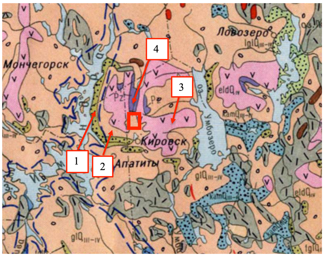 Участок схематической карты четвертичных отложений исследуемой части Хибинского массива и область исследования: 1 – флювиогляциальные отложения; 2 – ледниковые отложения; 3 – элювиально-делювиальные отложения; 4 – породы дочетвертичного возраста
