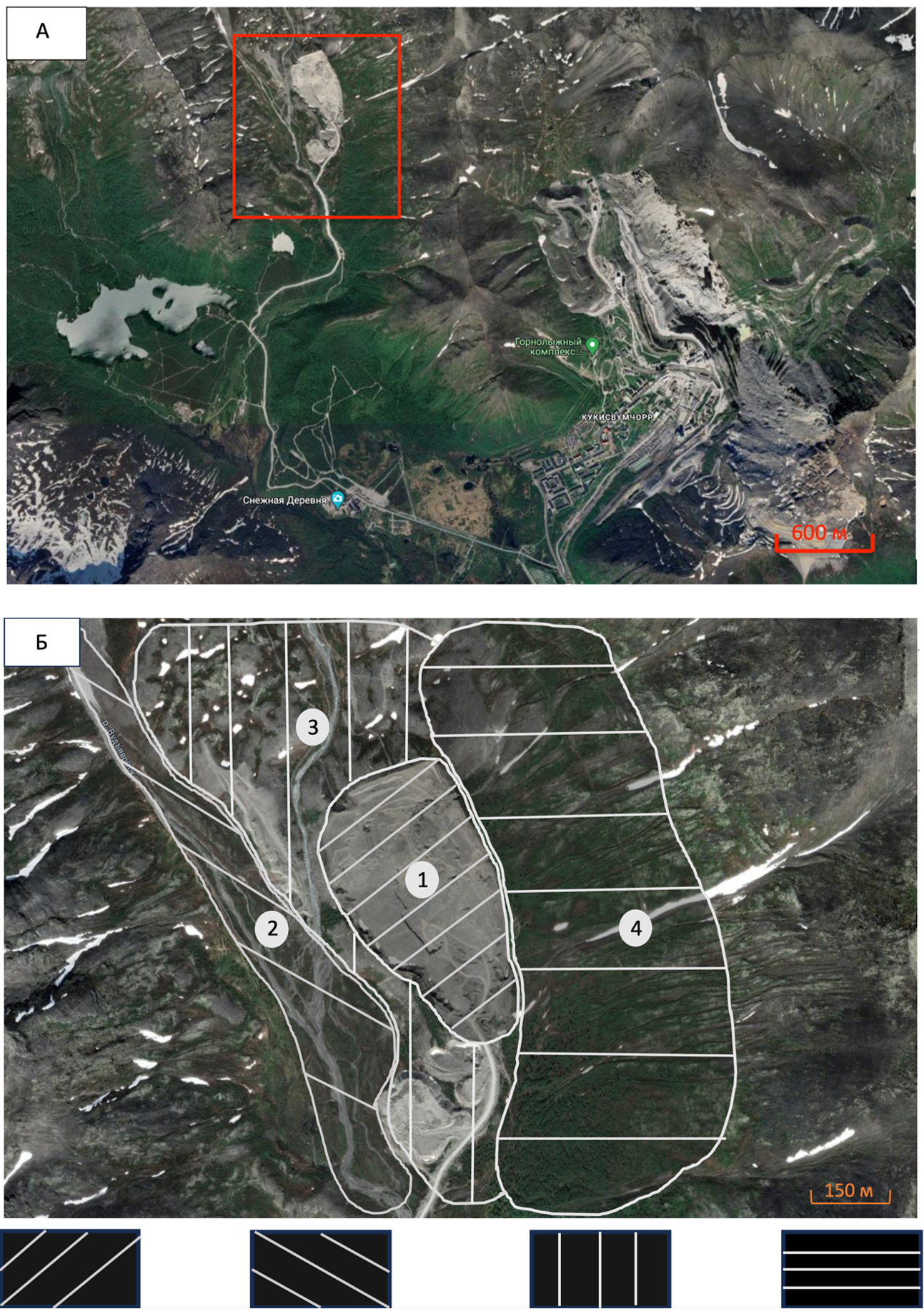 Космоснимок карьера с областью исследования: а – общий план; б – геоморфологическая схема; геоморфологические элементы: 1 – карьер; 2 – склон долины; 3 – поверхность террасы (она продолжается еще и севернее карьера); 4 – коренной склон г. Кукисвумчорр