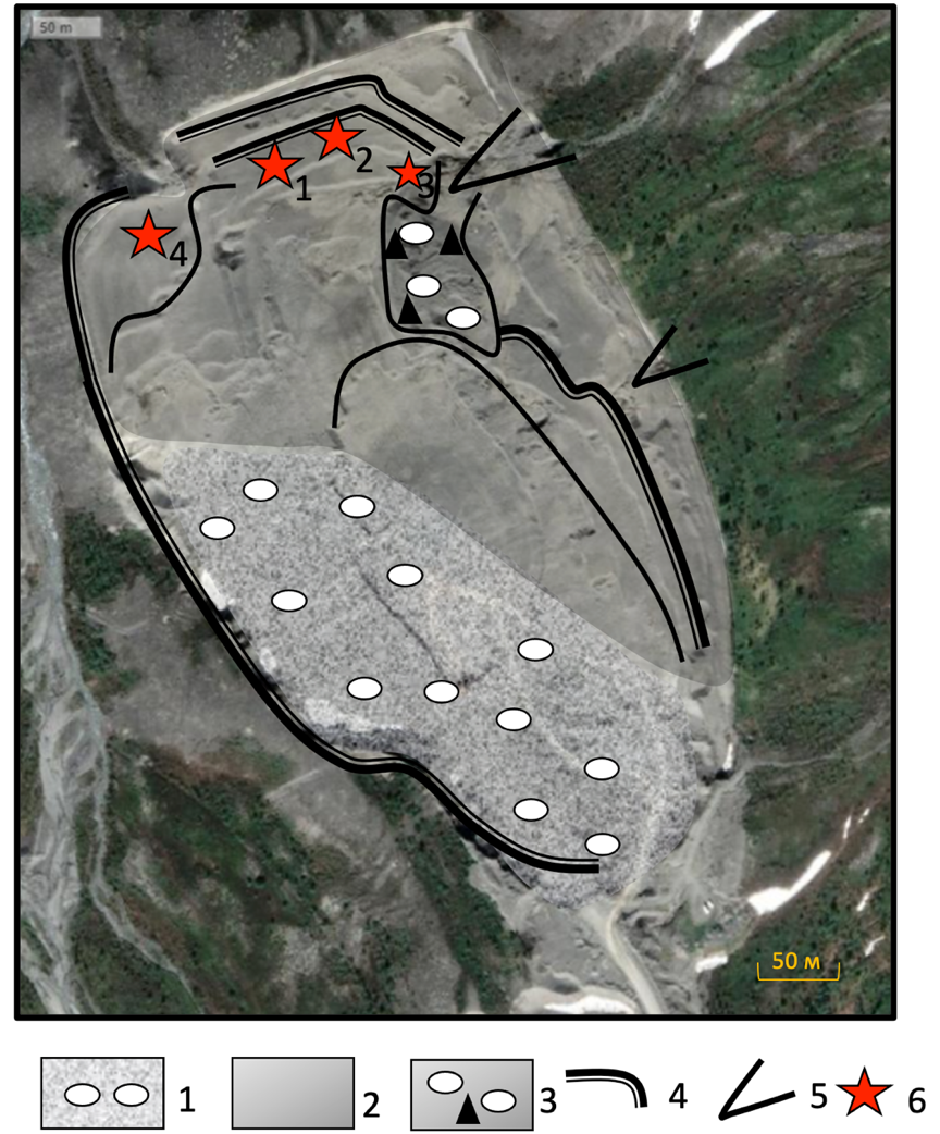 Схема распространения отложений, вскрытых карьером Кукисвумчорр: 1 – гравийно-галечно-валунный материал (сырье для производства ПГС и щебня); 2 – песок с подчиненными прослоями алеврита и гравия (песчаное строительное сырье); 3 – поверхностные гравийно-валунно-глыбовые отложения конуса выноса современного селевого потока (затрудняют разработку залежей песка в его северо-восточной части); 4 – борта карьера; 5 – промоины в борту карьера; 6 – участки детальной съемки четвертичных отложений