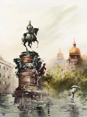 Дун Кэчэн Акварель «Исаакиевская церковь под дождем»