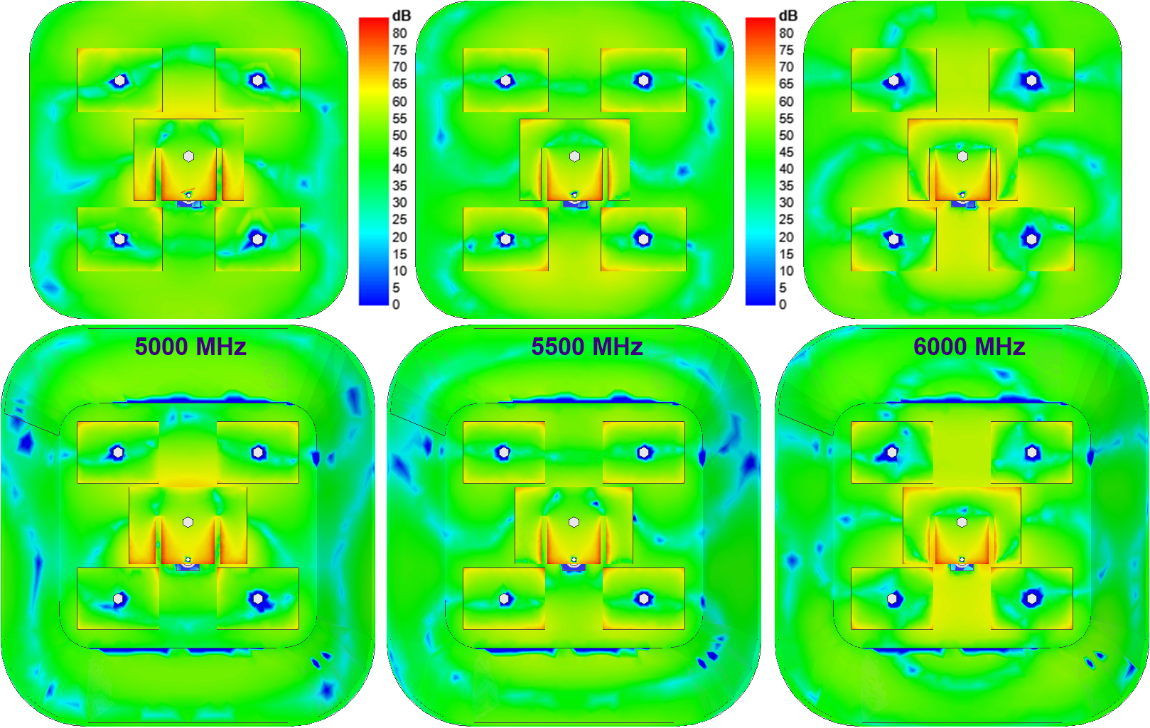 Сравнение распределения электрического поля по поверхностям элементов широкополосной антенны с плоским рефлектором и пирамидальным, рассчитанное на частотах 5–6 ГГц