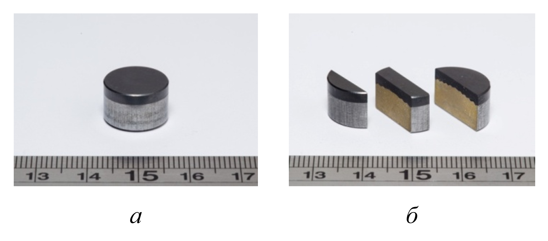 Целый PDC резец (а) и вертикальные срезы (б)
