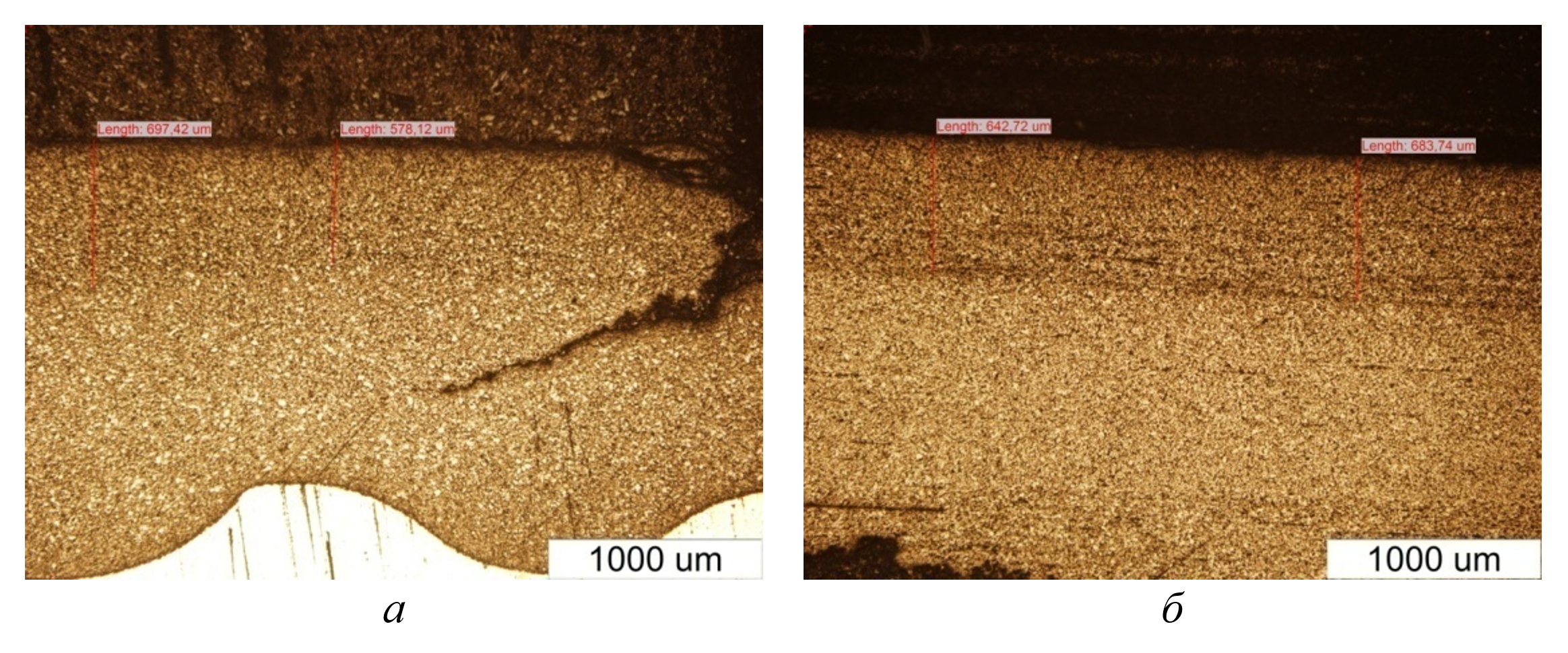 Глубина выщелочного слоя образца № 1 (а) и образца № 2 (б)