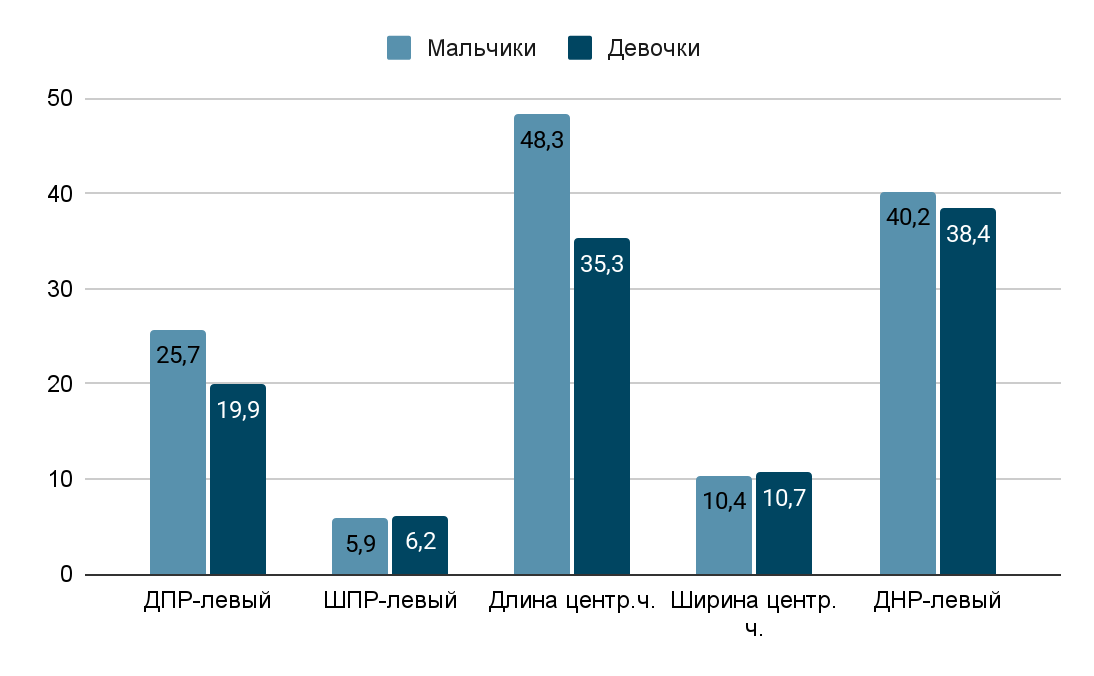 Морфометрические показатели структур левого бокового желудочка у девочек и мальчиков 17 лет