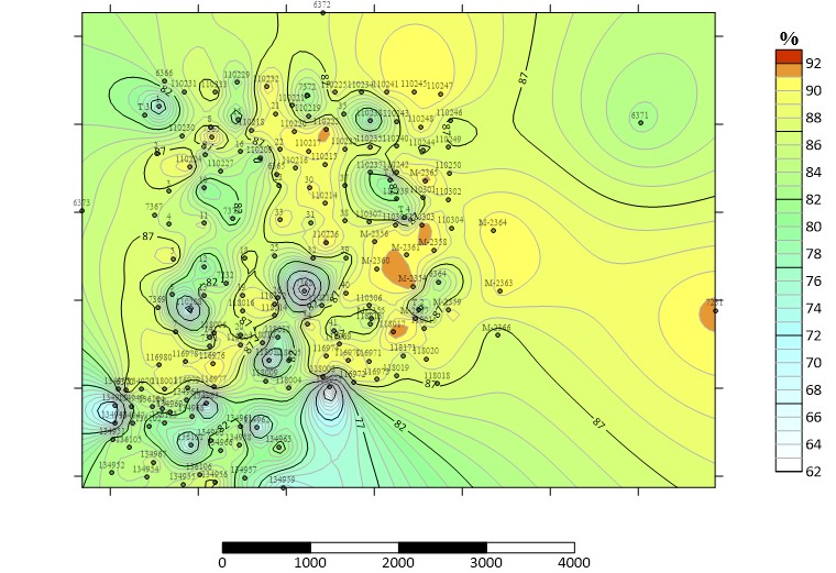 Карта средних содержаний Ca2SO4+2H2O в продуктивной толще. Новомосковское месторождение гипса
