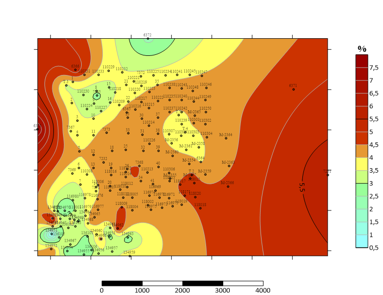 Карта средних содержаний SiO2 в продуктивной толще. Новомосковское месторождение гипса