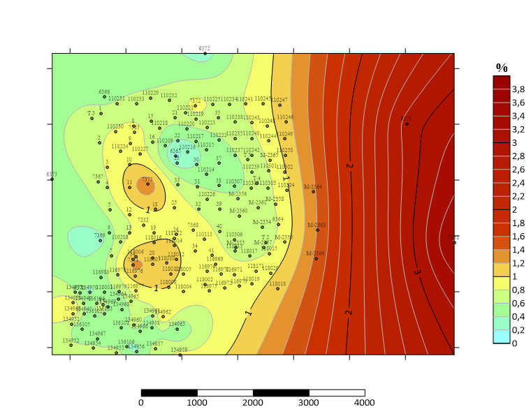Карта средних содержаний Al2O3 в продуктивной толще. Новомосковское месторождение гипса