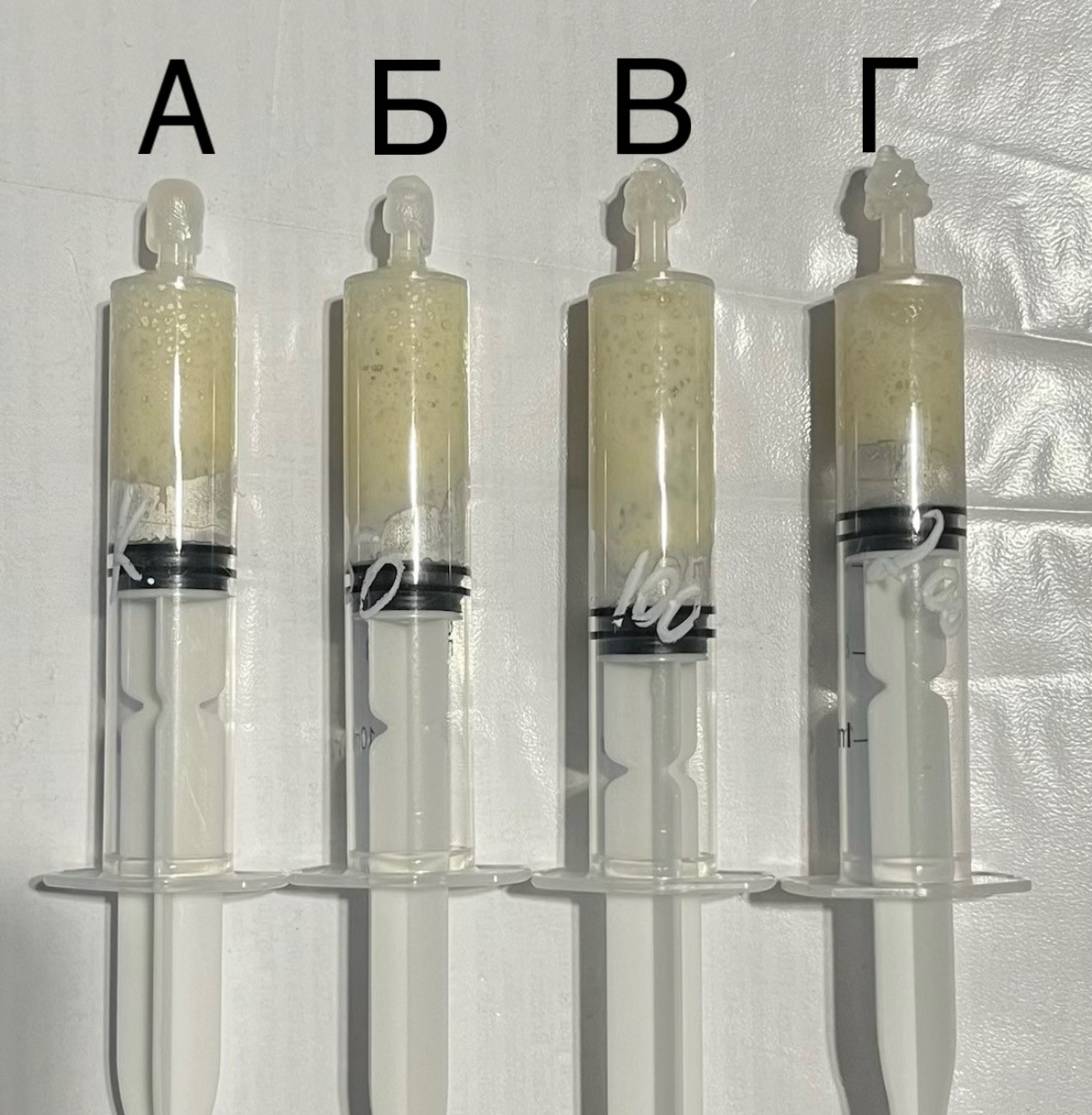 Влияние метилурацила на газообразующую активность дрожжей: А – контроль; Б – метилурацил 50 мкг/мл; В – метилурацил 100 мкг/мл; Г – метилурацил 200 мкг/мл