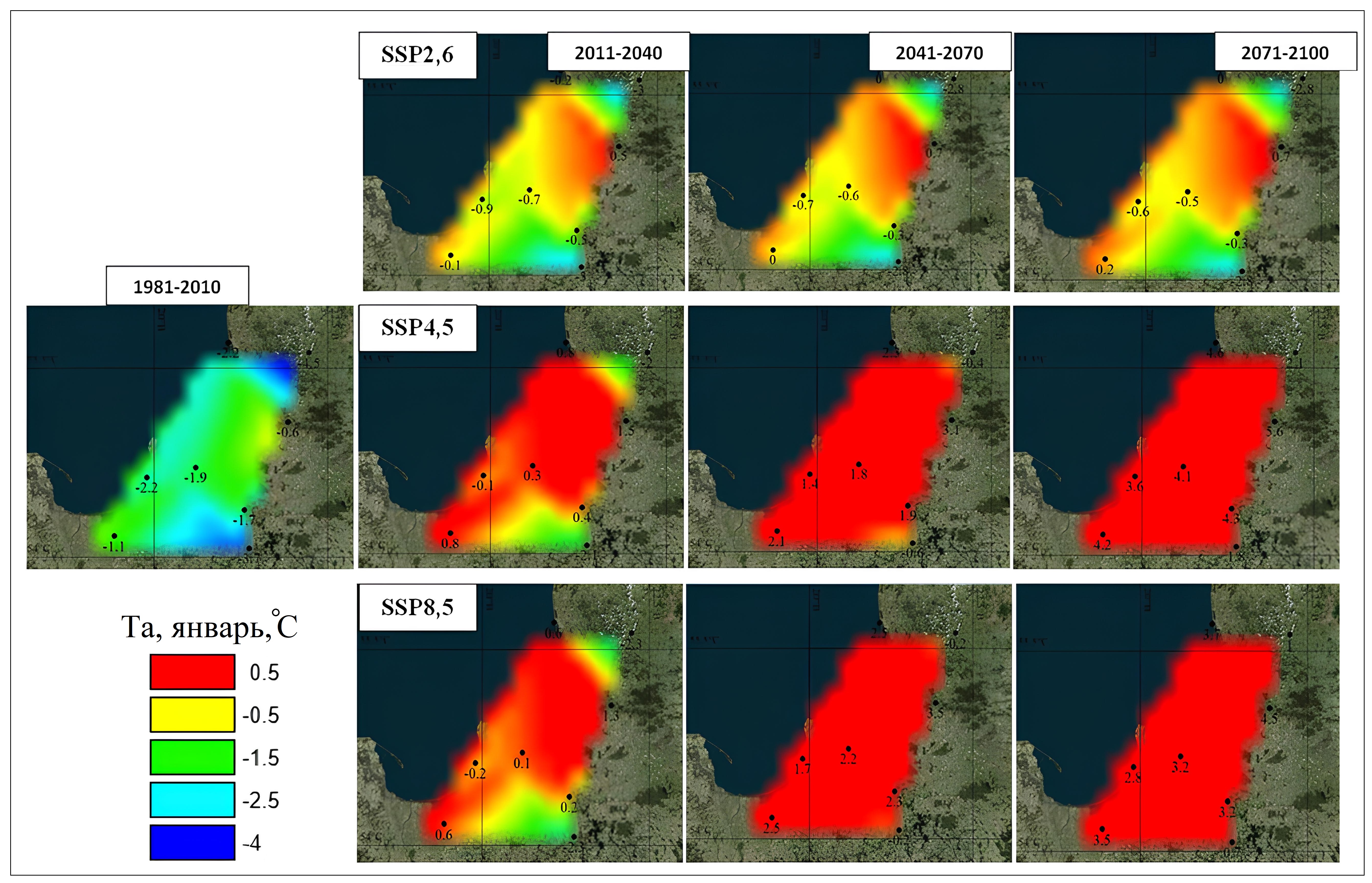 Пространственные распределения будущих сценарных средних январских температур по 30-летним периодам для модели Института Аризоны и трех сценариев 2,6, 4,5 и 8,5 Вт/м2