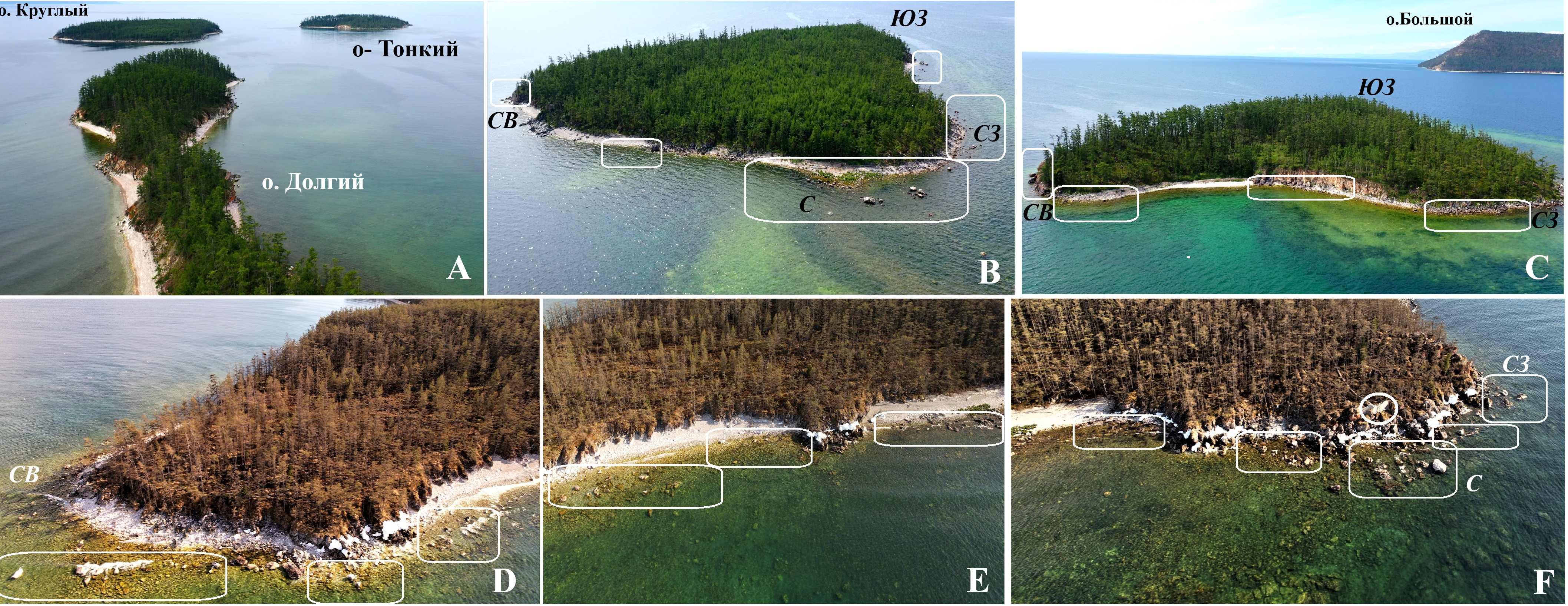 Малые Ушканьи острова: A – вид на три острова; B – о-ов Круглый; C – о-ов Тонкий; D, E, F – северная сторона о-ва Долгий