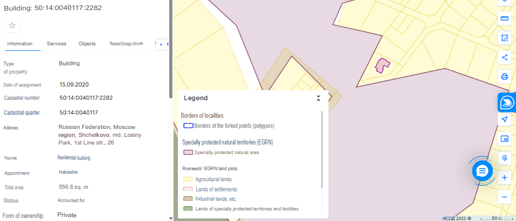 An example of one of the residential buildings registered in the cadastral register in a 150-meter building-free zone, map scale 1:5000