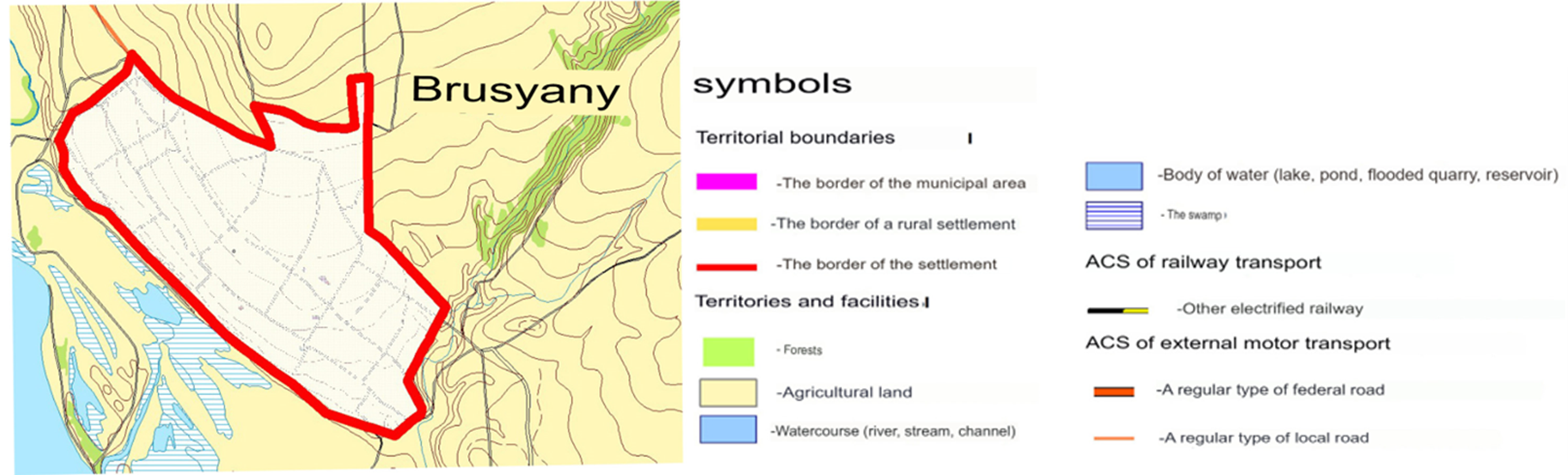  A fragment of the map showing the boundaries of the settlements included in the rural settlement of Bolshaya Ryazan in the Stavropol region of the Samara region is taken from the Master Plan, map scale 1:25000 