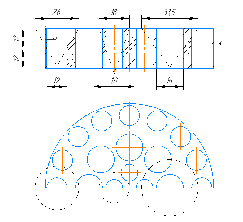 Разрез пластины с разметкой зенкирования