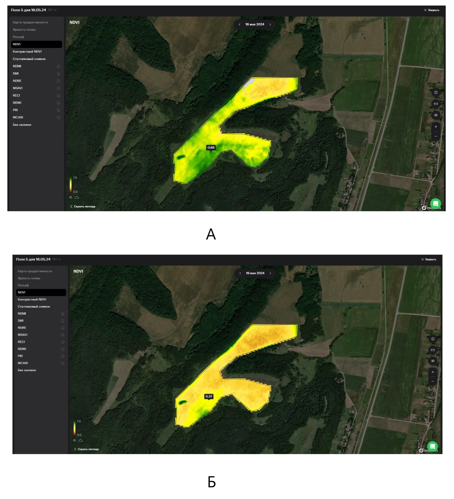Спутниковые снимки с индексом NDVI для поля севернее села Шедок в день градобития 16 мая 2024 года: среднее значение индекса NDVI 0,68 (А) и спутниковые снимки с индексом NDVI этого же поля через три дня после градобития 19 мая 2024 года (Б)