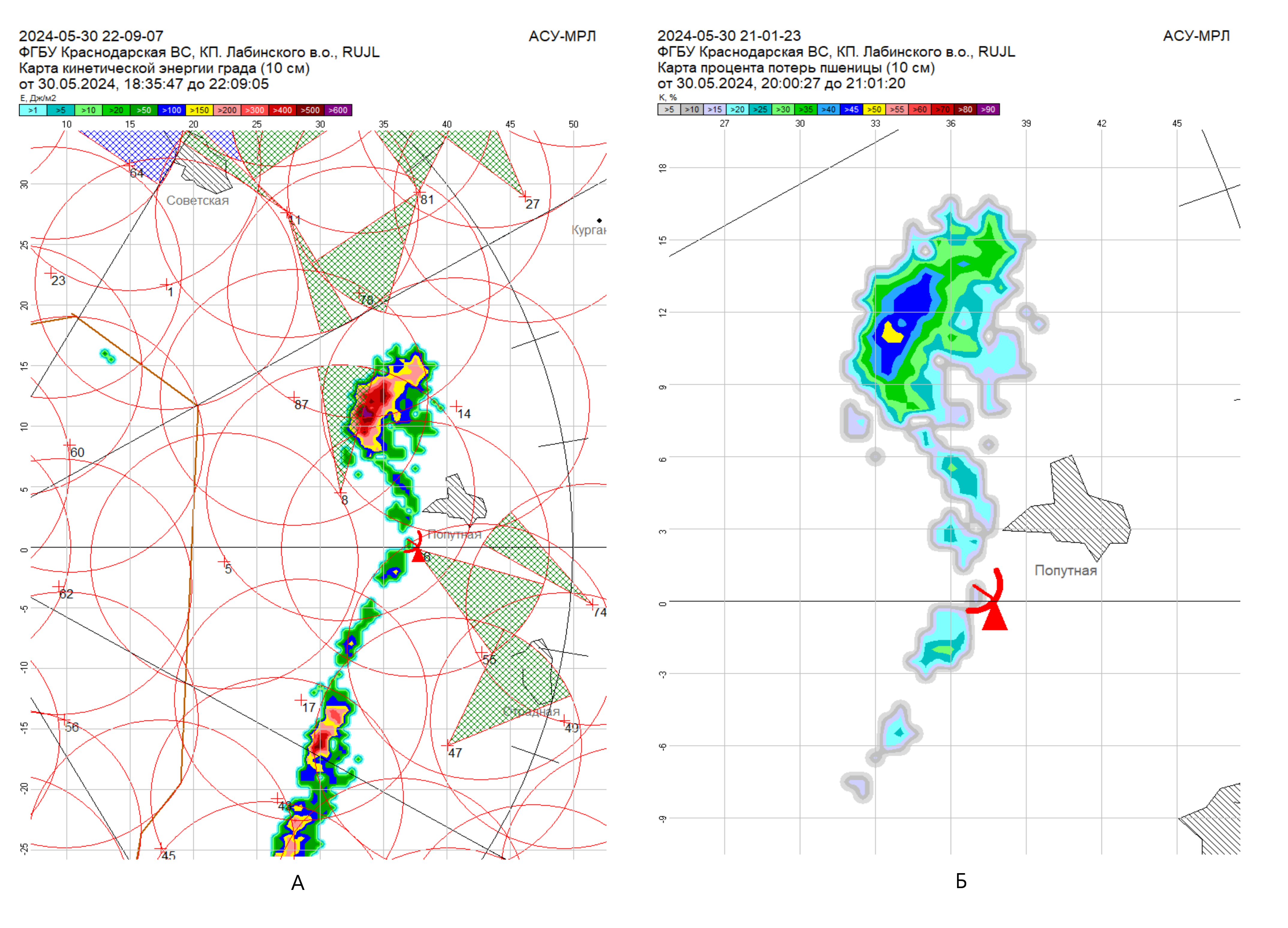 Карта кинетической энергии града в районе ст. Попутная (А) и карта процента потерь пшеницы на полях в районе ст. Попутная (Б)