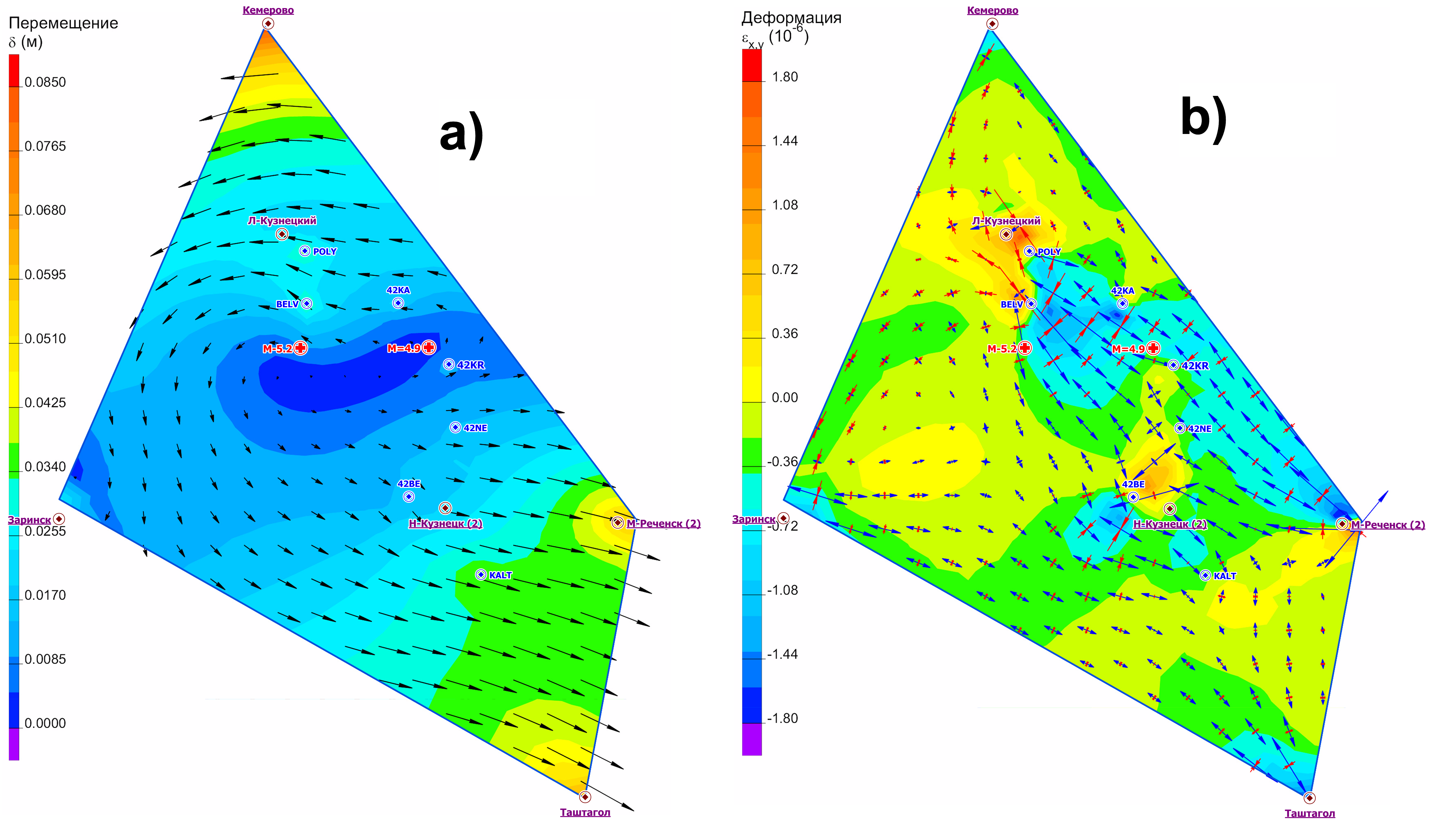 Vectors in the area of the Bachatsky and Kyrgaysky technogenic earthquakes for the period 2021-2022:а – of horizontal displacements; b – and tensors of horizontal (shear) deformations