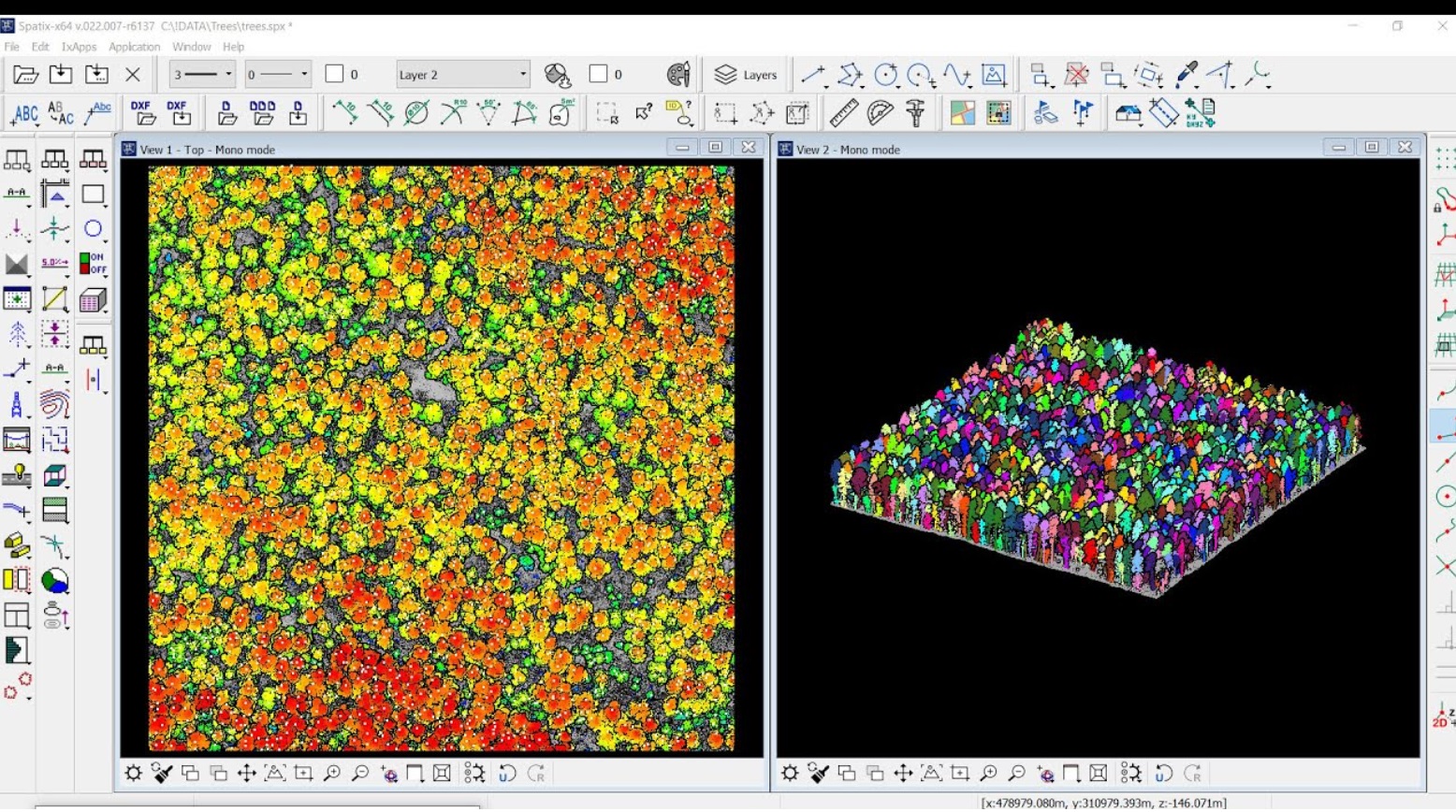 Программный интерфейс, отображающий обработку данных лидара БПЛА в лесу в 2D и 3D режимах
