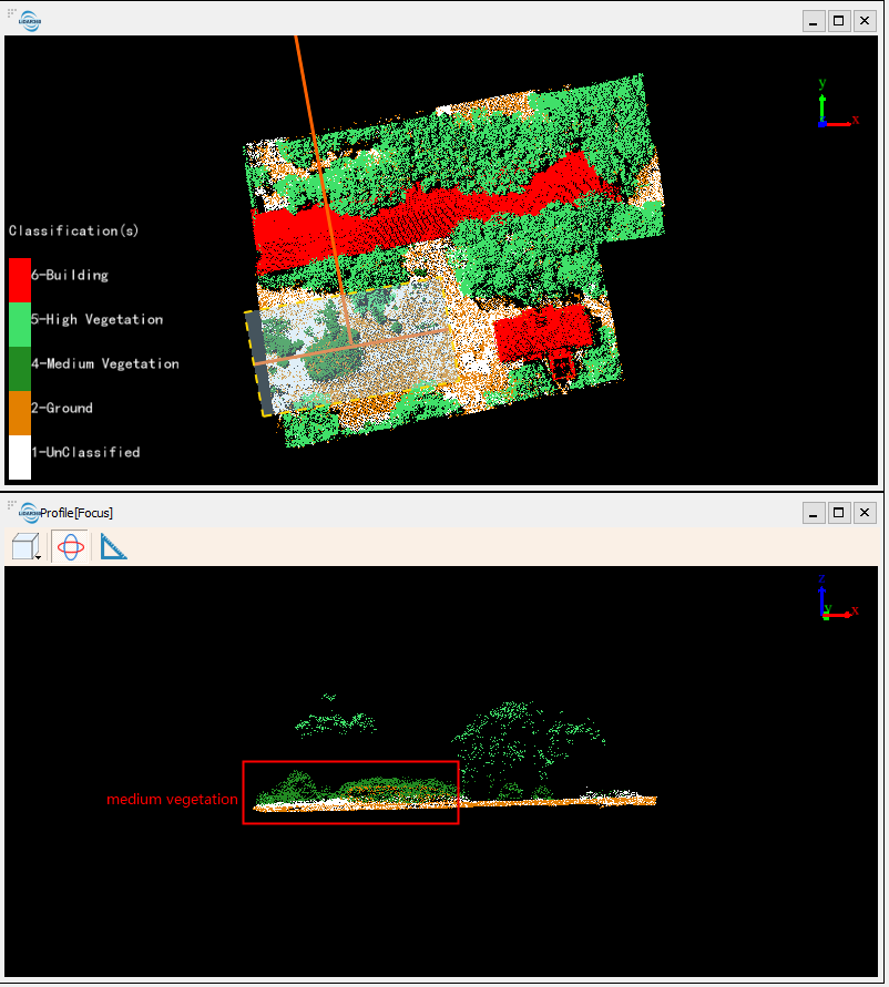 Классификация облака точек LiDAR, отображающая здания, растительность и землю в цветовой кодировке