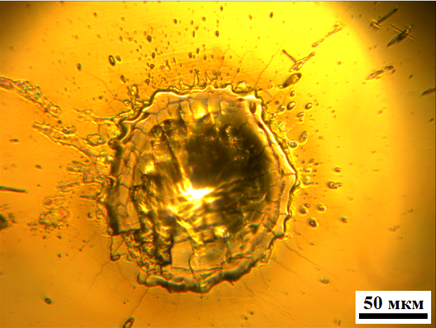 Микрофотография области разрушения после облучения лазерным излучением с плотностью мощности 2,9·1010 Вт/см2
