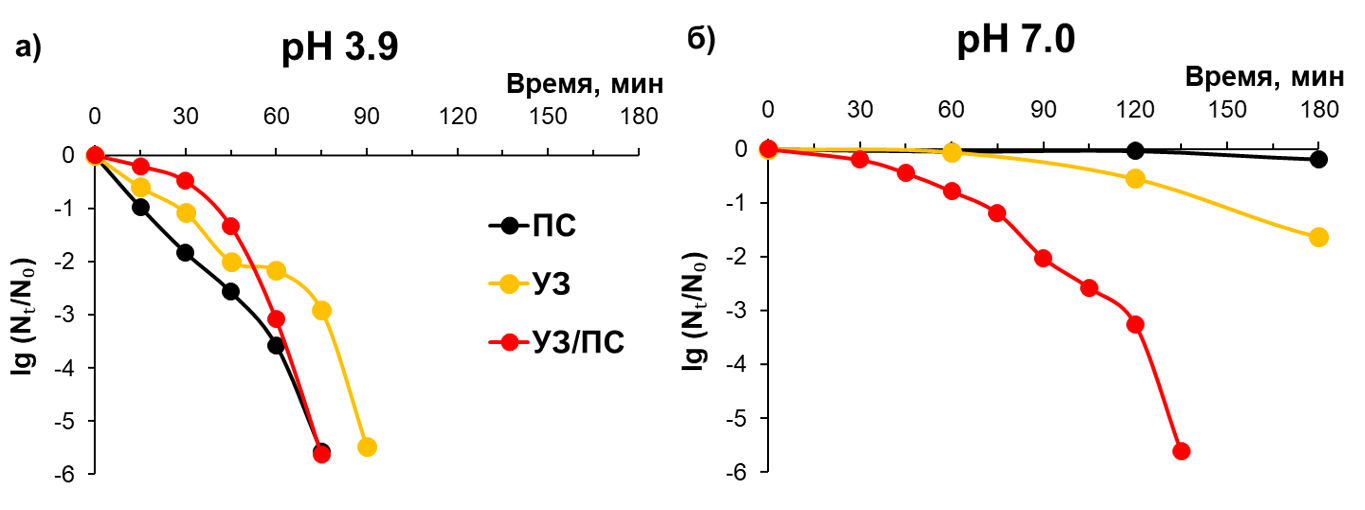Кинетика инактивации E. coli в природной воде соноактивированным персульфатом при разных pH среды