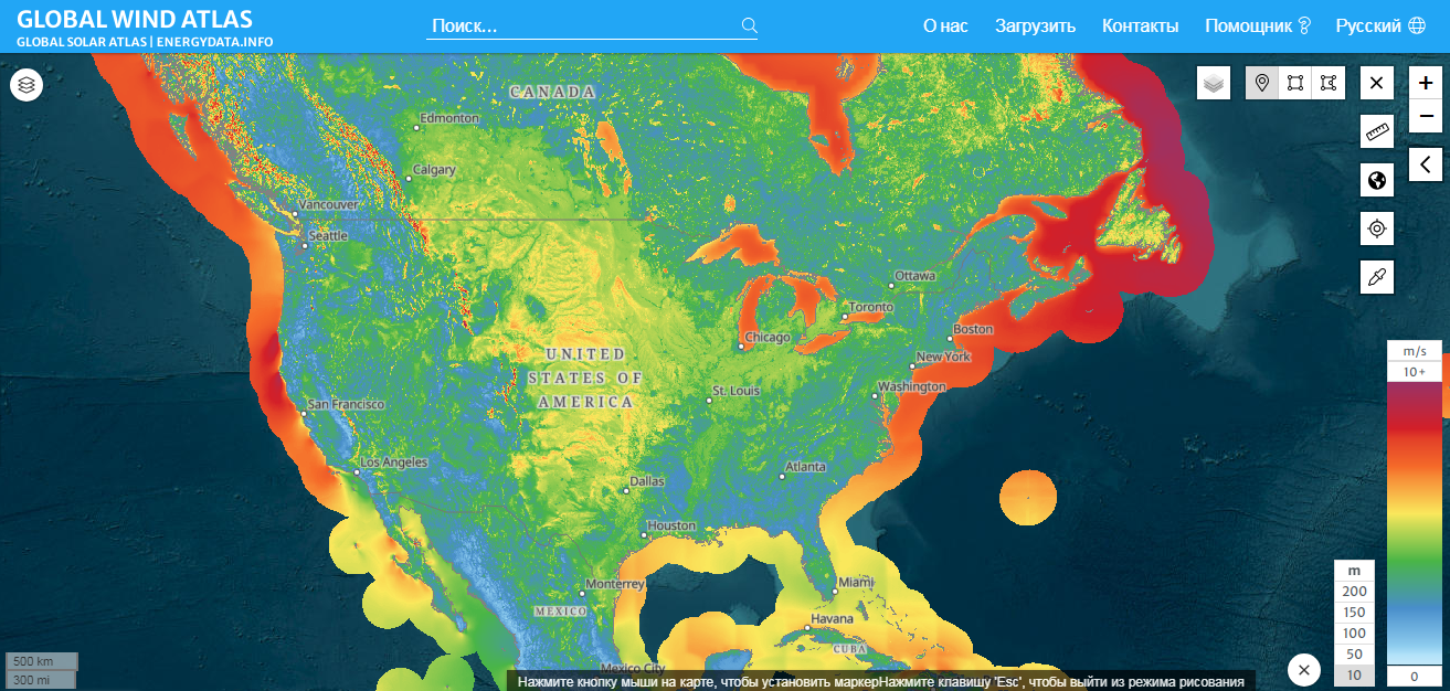 Карта ветрового потенциала США