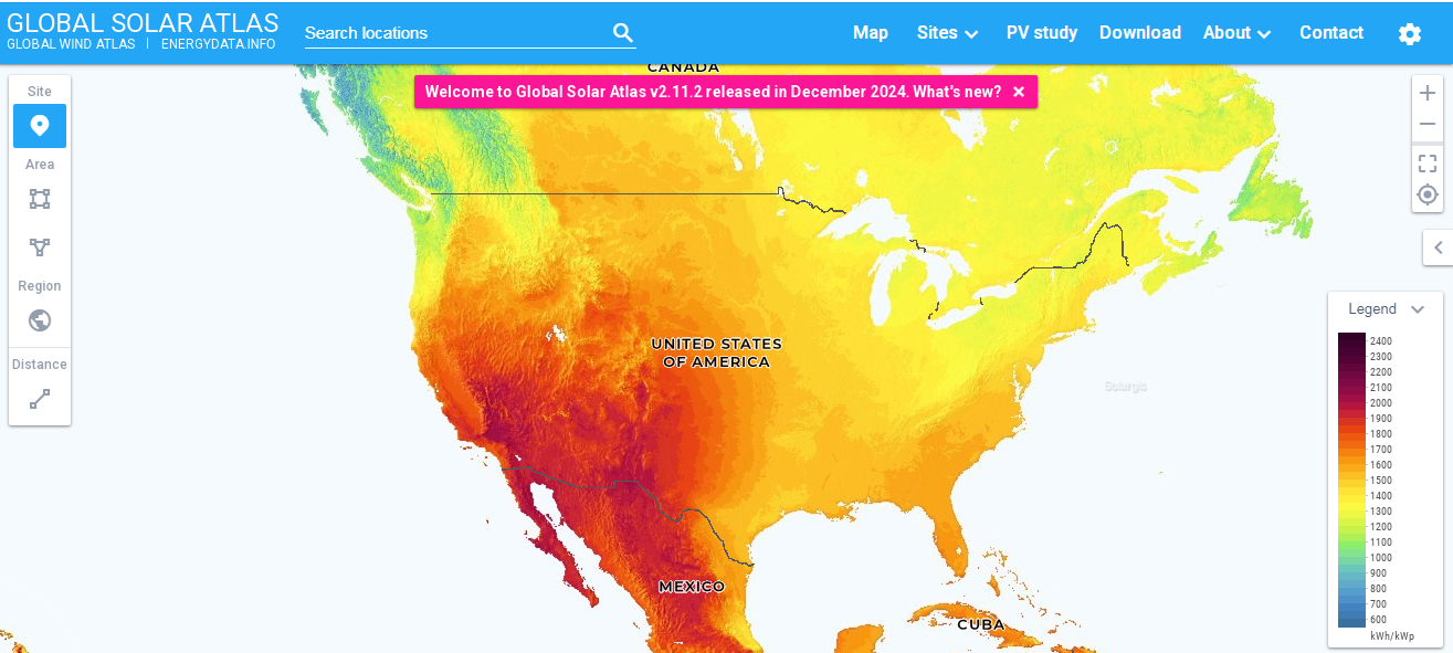 Карта солнечного потенциала США