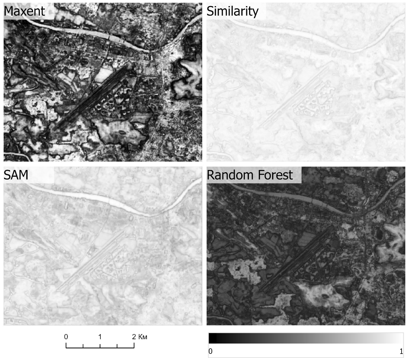 Карта индекса «Максимальной вероятности» 4 алгоритмов для фрагмента снимки AlphaEarth Foundations в случае, когда каждый класс имеет от 30 до 60 обучающих точек