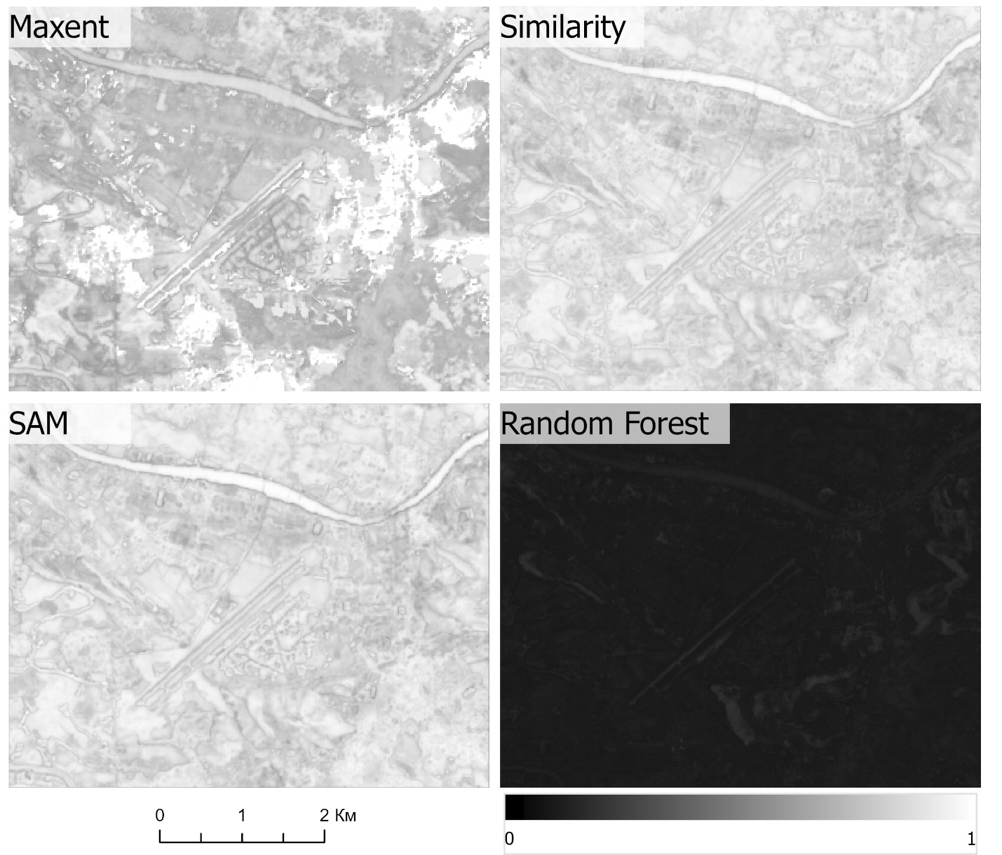 Карта индекса «Максимальной вероятности» 4 алгоритмов для фрагмента снимки AlphaEarth Foundations в случае, когда каждый класс имеет от 1 до 5 обучающих точек
