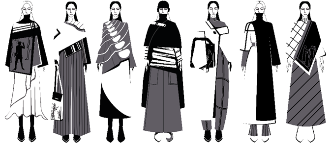 Фрагмент эскизного ряда коллекции современного костюма «Достоевская», разработанной на основе трансформации образа одноименной станции Московского метрополитена