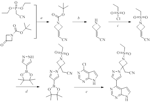 Синтез барицитиниба. Реагенты и условия реакций: a – NaH/THF, комн. темп.; b – TFA, DCM, комн. темп.; c – DIPEA, CH3CN; d – DBU, IPA, кипячение; e – Pd(PPh3)4, CsF, t-BuOH, вода, толуол, кипячение