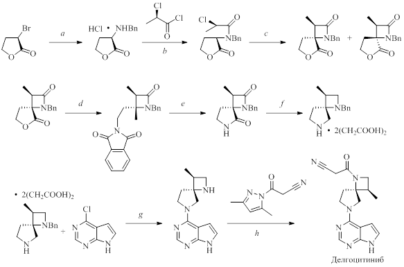 Синтез делгоцитиниба. Реагенты и условия реакций: a – 1. BnNH2, K3PO4, MeCN; 2. 4Н HCl, EtOAc; b – 2,6-лутидин, EtOAc, -10 oC; c – Cs2CO3, DMSO, комн. темп., 4ч; d – 1. KPhth; 2. Etl, DMSO, 100 oC; e – NH(CH2CH2NH2)2, 2-BuOH, 80 oC; f – LiAlH4, TMSCl, толуол, THF, 0-50 oC, 24ч; g – 1. K3PO4, t-BuOH/H2O; 2. H2, Pd/C, AcOH; h – 1. MeCN; 2. Кристаллизация из бутанола