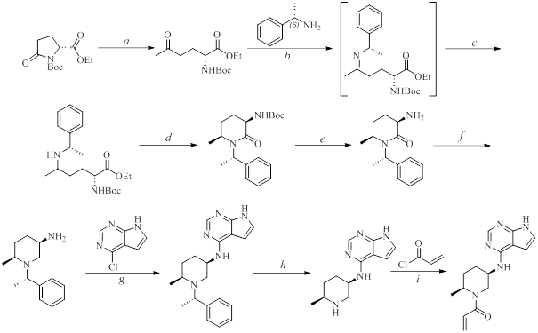 Синтез ритлецитиниба. Реагенты и условия реакций: a – MeMgCl, THF; b – Ti(OEt)4, THF; c – NaBH4, THF; d – AcOH, toluene; e – HCl, IPA, NaOH aq.; f – NaBH4, TFA, THF; g – 2-Butanol; h – 10%Pd/C, H2, EtOH; i – DIPEA, THF/H2O