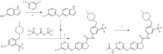 Синтез BBT594. Реагенты и условия реакций: a – 1. NaOH водн., 10 oC до -10 oC, 65 мин; 2. Ацетон, 0 oC, 30 мин; b – 1. Tриэтиламин, C2Cl2, бис(трихлорометил)карбонат, 0 oC, 30 мин; 2. Триэтиламин, C2Cl2, 5-[(6-хлоро-4-пиримидинил)окси]-1Н-индол, 0 oC, 15 мин; c – ацетамид, трис(дибензилиденацетон)дипалладий, (9,9-диметил-9Н-ксантен-4,5-диил)бис[дифенилфосфин], 70 oC, 15 ч
