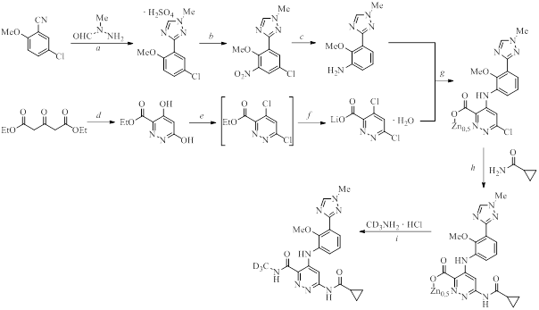 Синтез деукравацитиниба. Реагенты и условия реакций: a – Kot-Bu, THF; b – HNO3, H2SO4; c – H2, Pd/c, MeOH; d – Ar-SO2N3, n-Bu3P, AcOH, MeCN; e – POCl3, Et3N, MeCN; f – LiBr, DIPEA, aq. MeCN; g – Zn(OAc)2, H2O/IPA; h – Pd(OAc)2, SL-J009, DBU/K2CO3, MeCN/Toluene; i – EDC, HOBt, NMI, NMP/MeCN затем NMP/IPA (2nd drop)