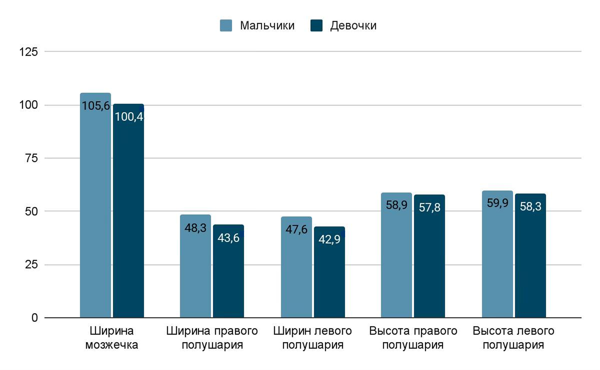 Морфометрические показатели структур мозжечка у девочек и мальчиков 17 лет