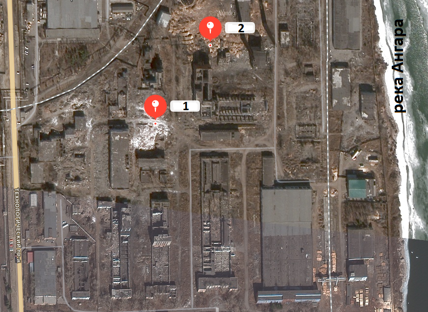 Космический снимок территории промплощадки бывшего аккумуляторного завода «Востсибэлемент», МО «г. Свирск» Иркутской области: 1 – участок № 1; 2 – участок № 2 