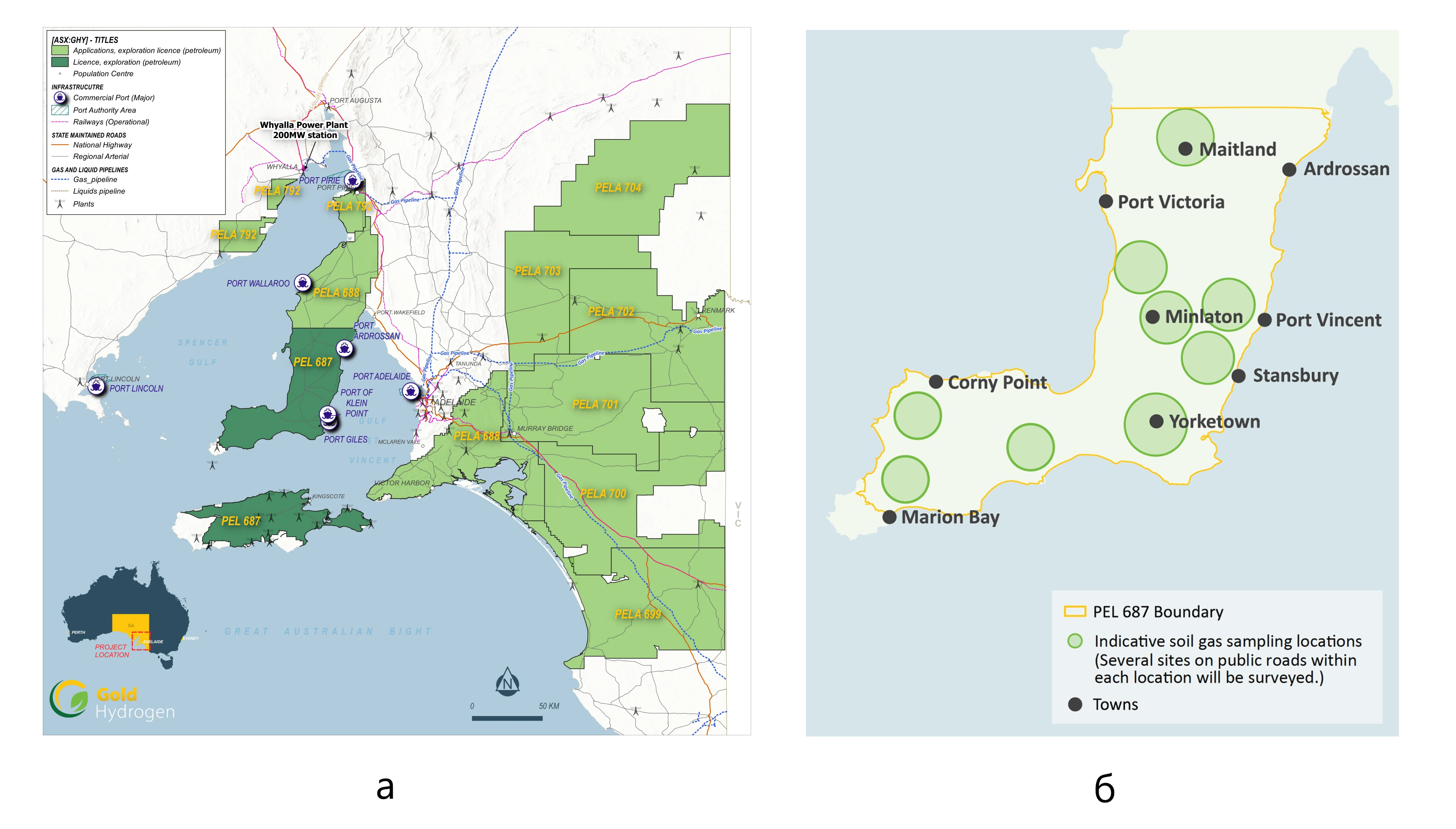 Южная Австралия: а – расположение лицензионного участка Gold hydrogen, Ltd.; б – выходы природного водорода на поверхность на полуострове Йорк