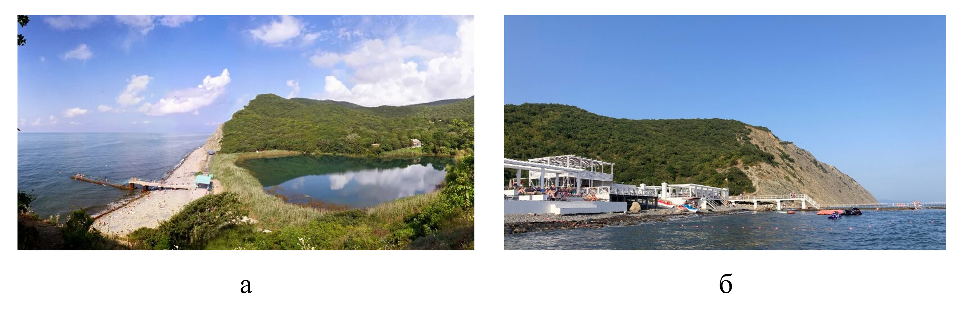 Изменение прибрежной зоны БПиСОТ «Лиманчик» с 2014 по 2024 гг: а - 2014 г; б - 2024 г 