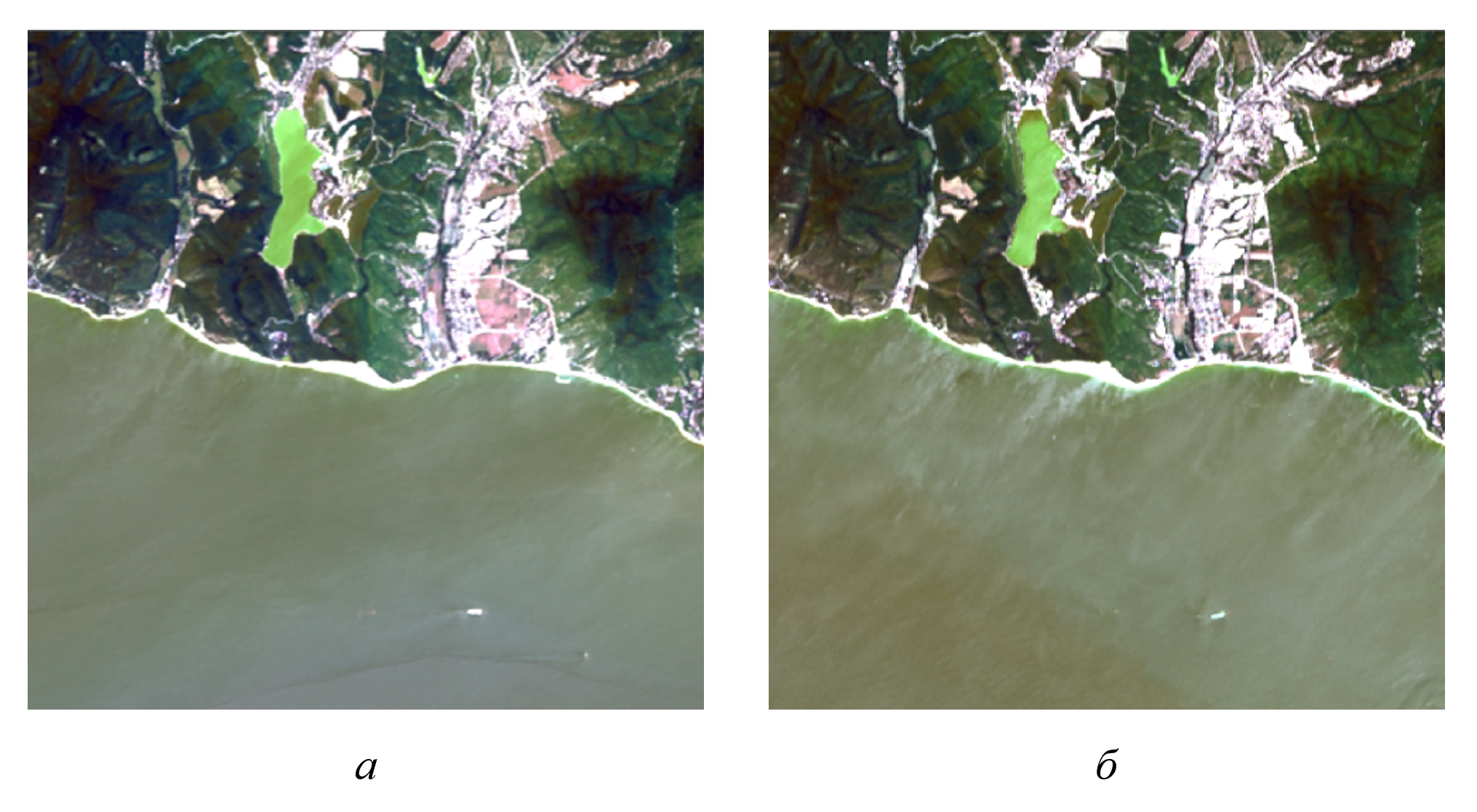 Космические снимки территории Абрауского полуострова в период с 2014 по 2024 гг: а - 15 июля 2014 г; б - 1 июля 2024 г