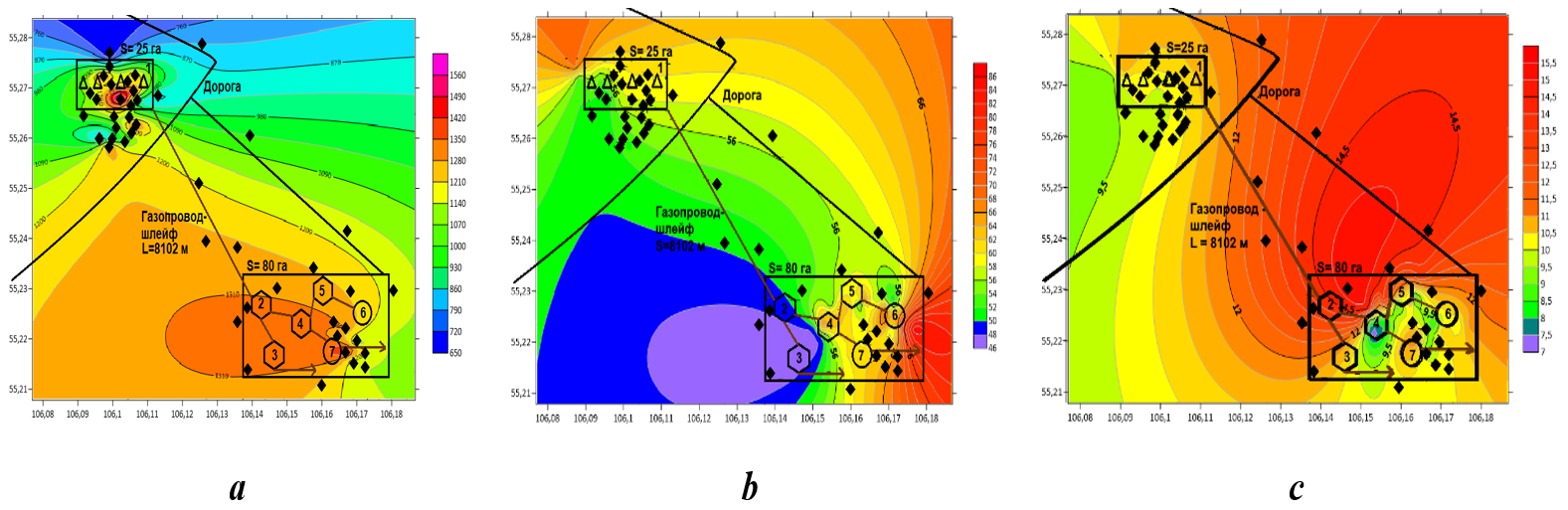 ГИС распределение: a) Mn; б) Ni; c) As в почвах на территории промплощадки Ковыктинского газоконденсатного месторождения