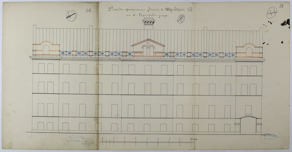 Чертеж фасада фабричного здания по Большой Вульфовой улице